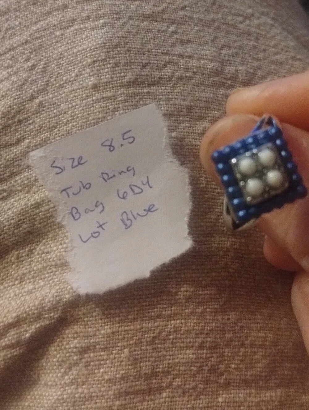 Blue & White Beaded Geometric Statement Ring Silver Tone Boho Size 8.5
